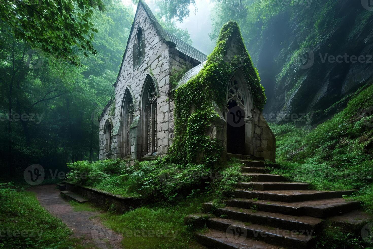 Mysterious gothic chapel merging with nature in a foggy forest photo