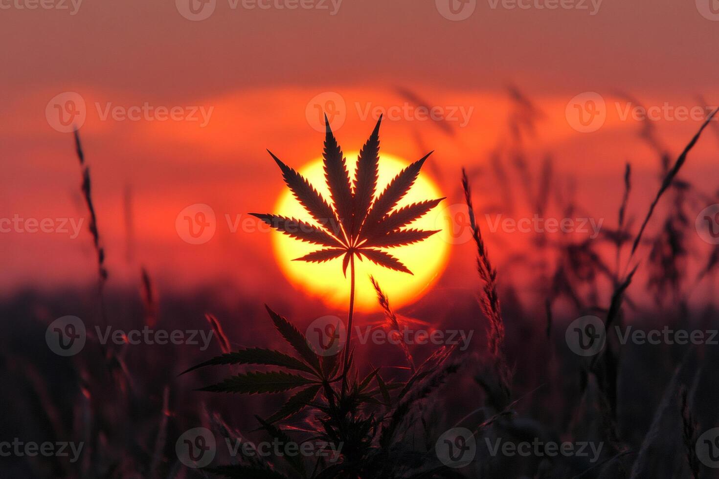 Marijuana leaf silhouette against a setting sun in a cannabis field photo