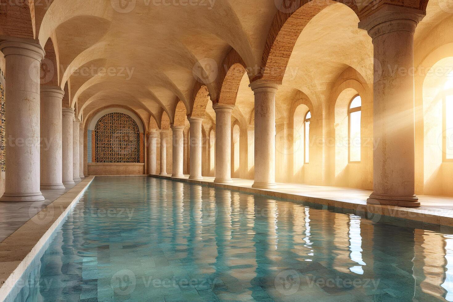 Sunlight illuminating empty indoor swimming pool with columns and arches photo