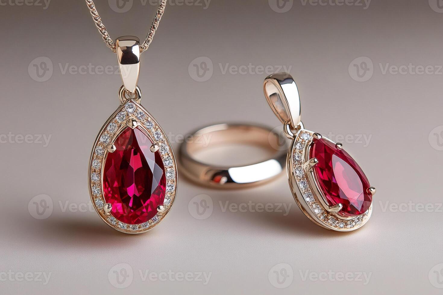 Gold necklace and pendant with red ruby and diamonds shining on soft background photo