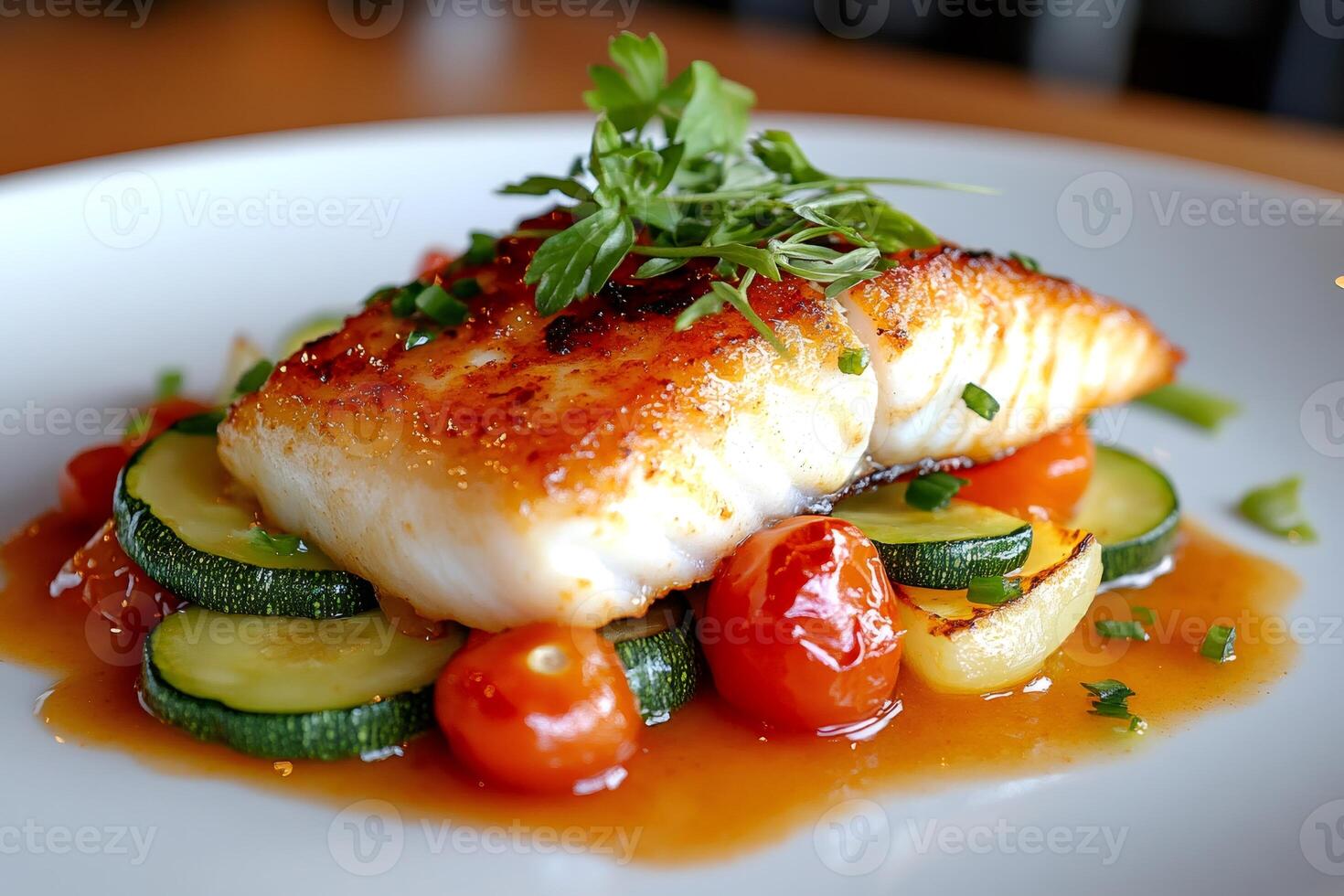 Delicious grilled cod fillet resting on zucchini and tomato slices with chives and parsley photo