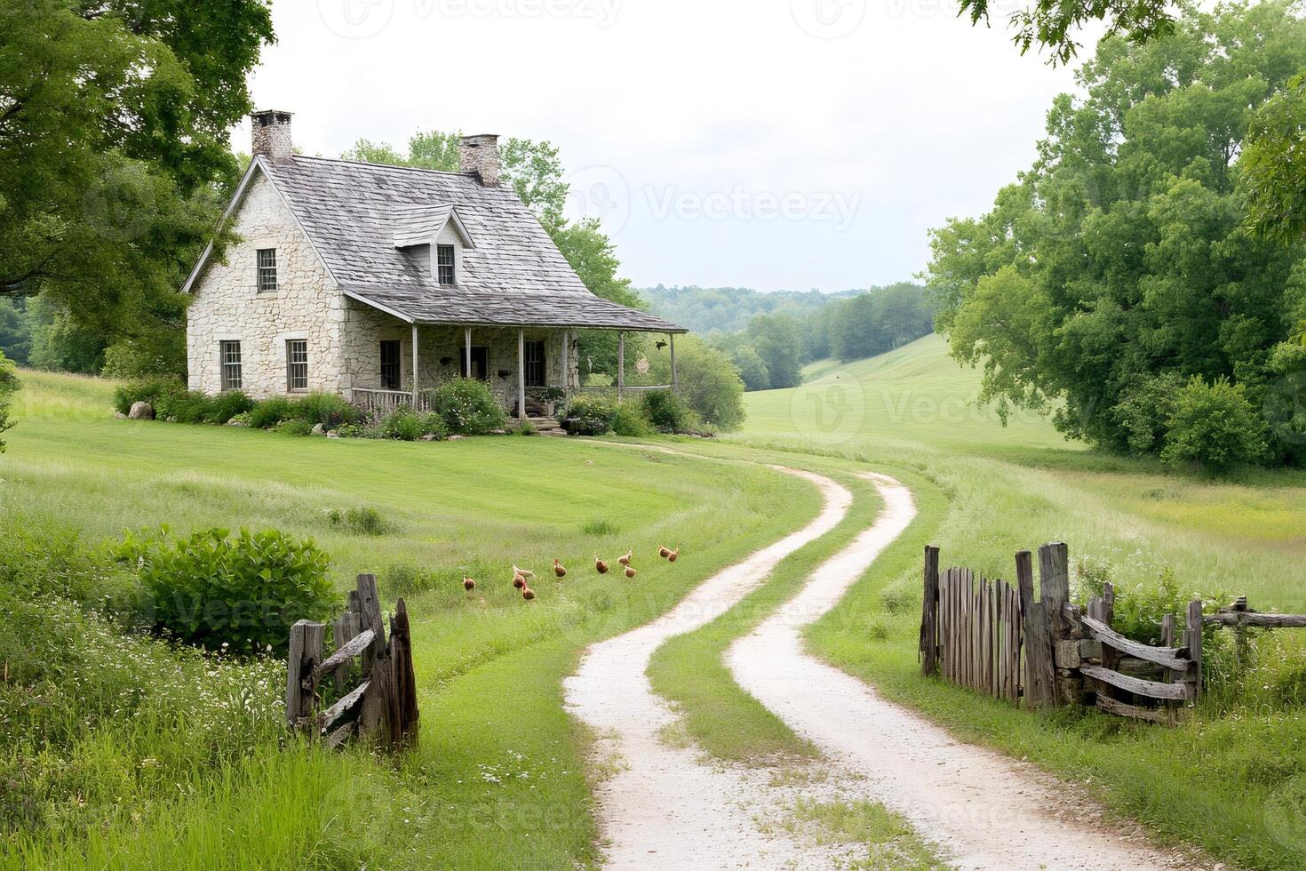Chickens crossing dirt road leading to stone farmhouse in idyllic countryside setting photo