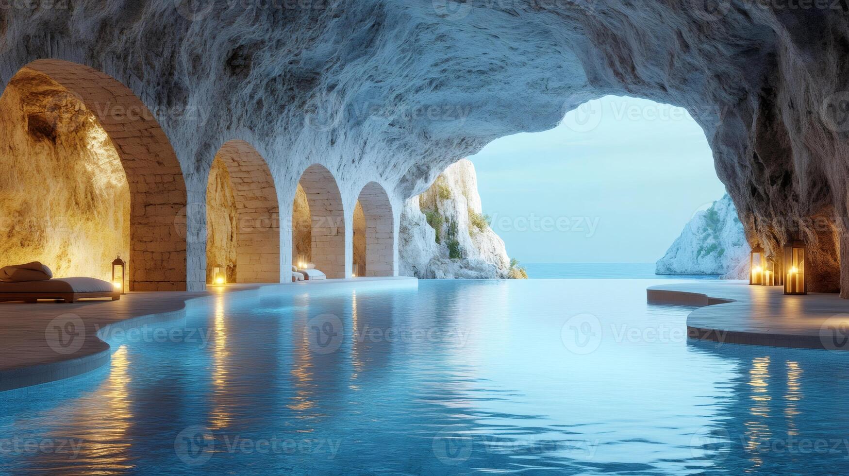 Luxurious infinity pool merging with ocean in a breathtaking cave photo