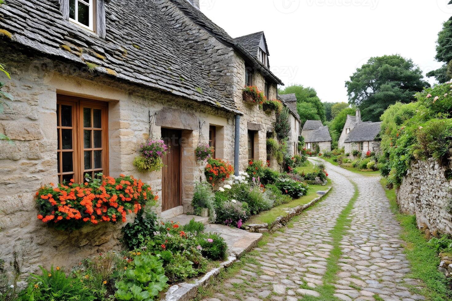 Picturesque cobblestone street winding through charming stone houses with flower-filled gardens in a French village photo