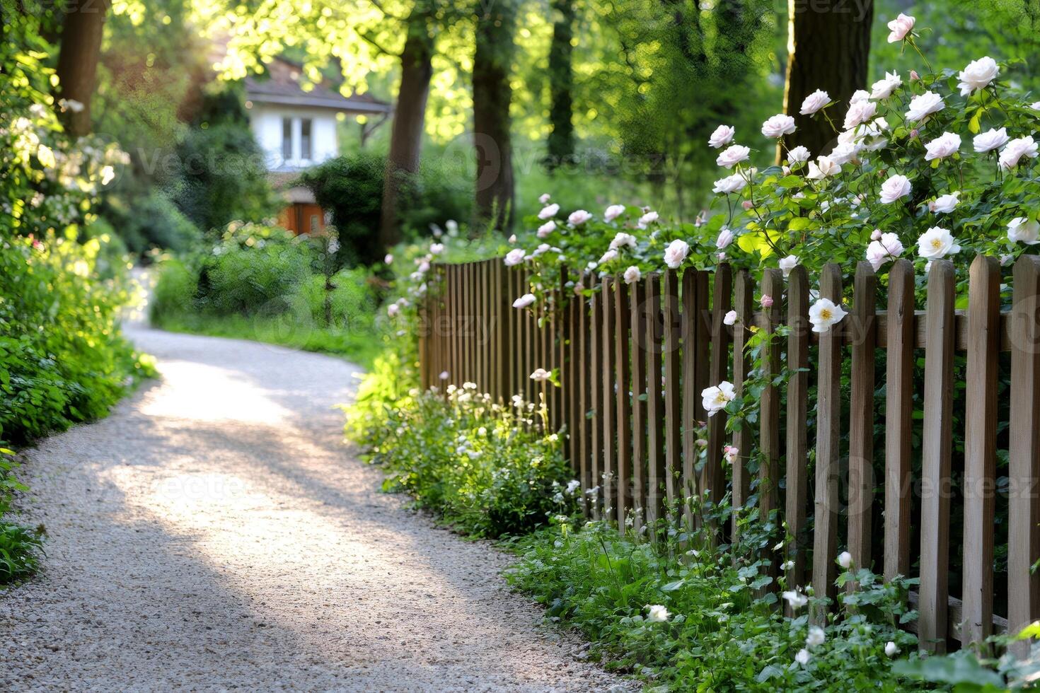 Gravel path leading to house with white roses climbing wooden fence in a garden photo