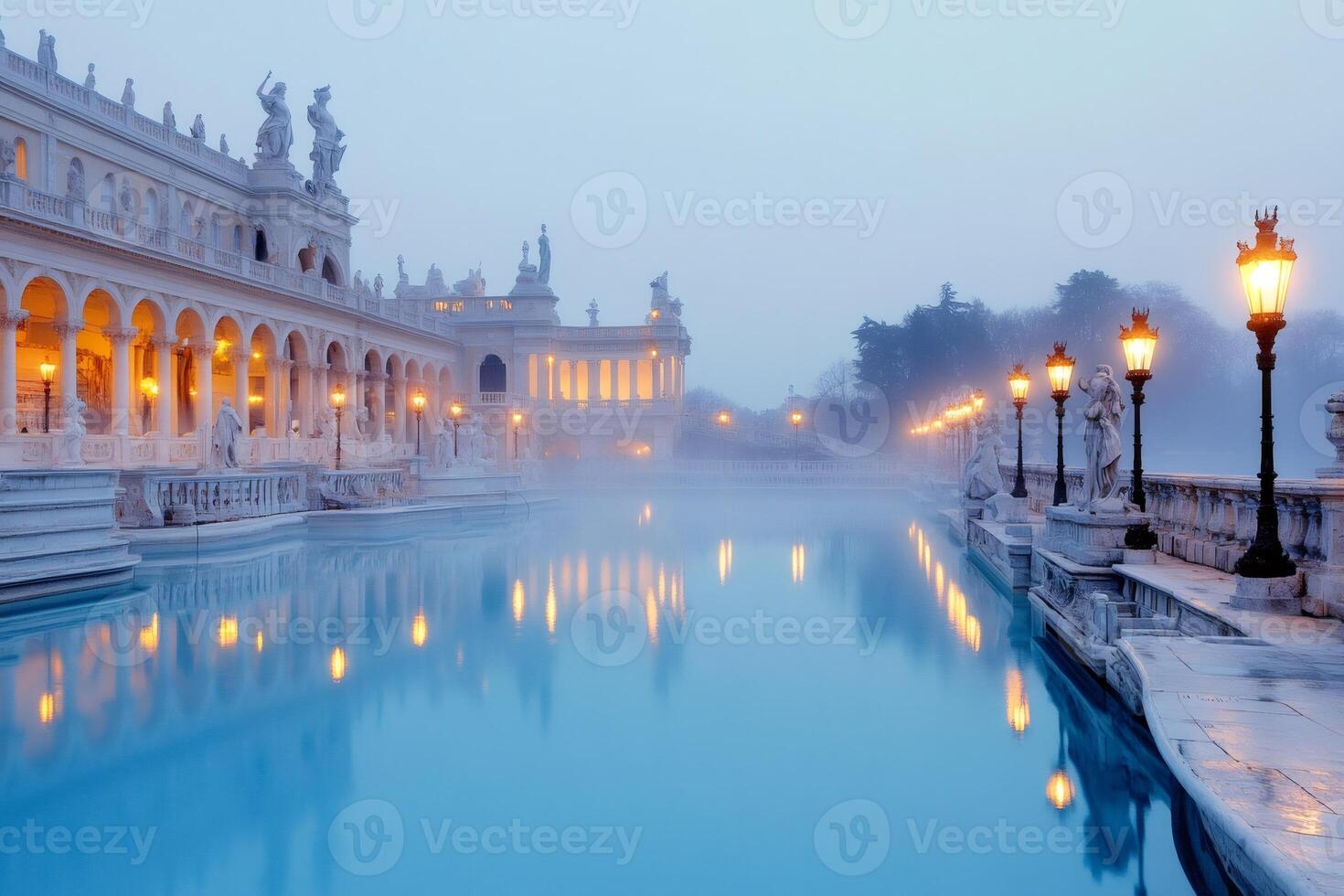 Terme di Saturnia reflecting in the steaming blue pool at dawn photo