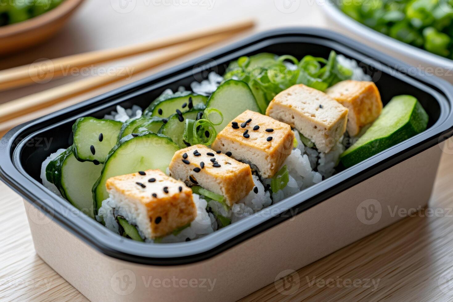 Delicious vegan sushi with fried tofu, cucumber, rice and chives in a takeaway box photo