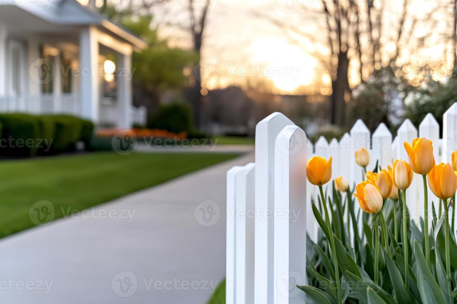 Yellow tulips growing by white picket fence at sunset in front of house photo
