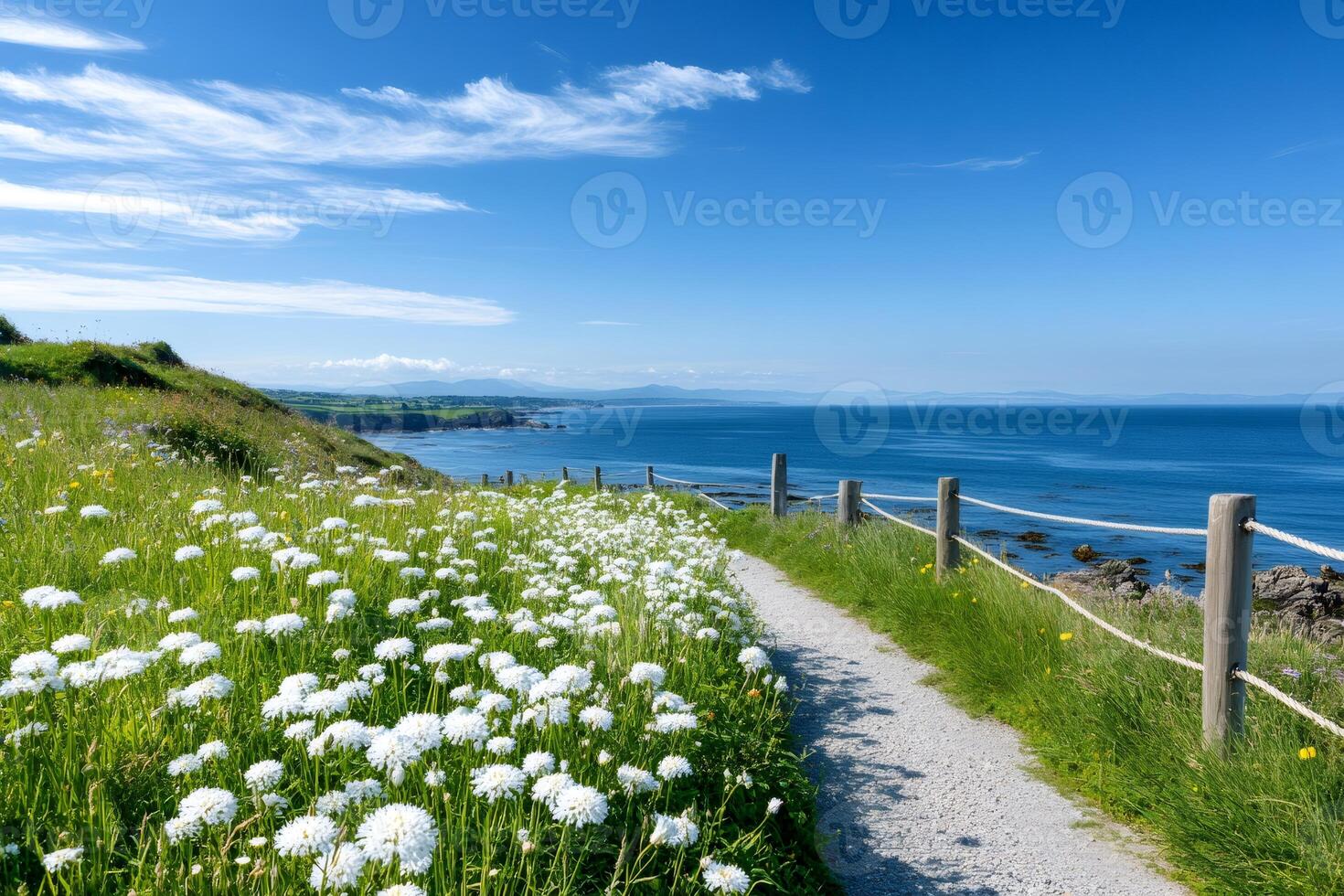 Scenic coastal path winding through a field of white flowers overlooking the ocean in Ireland photo