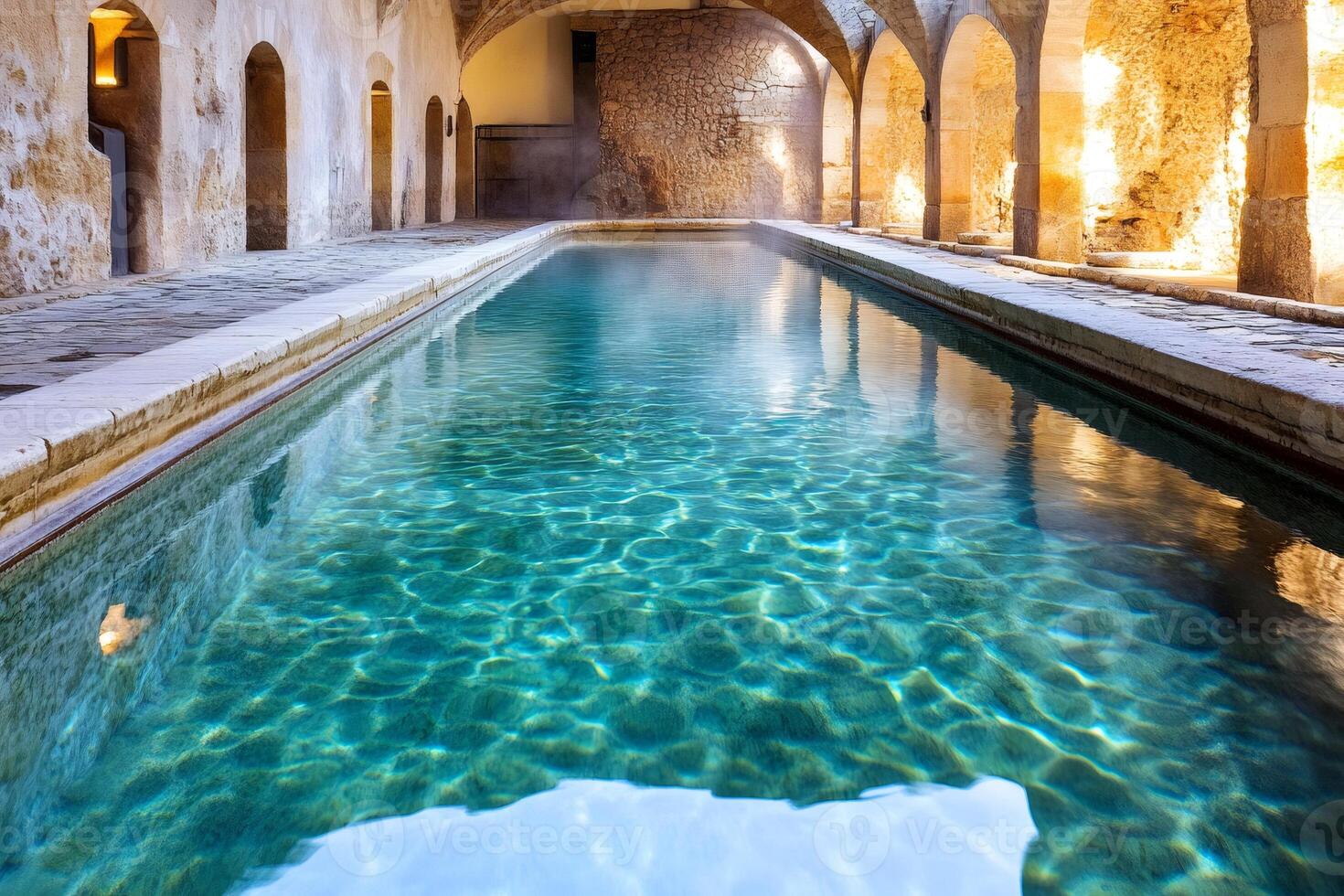 Ancient thermal bath with clear turquoise water inviting for a relaxing swim photo