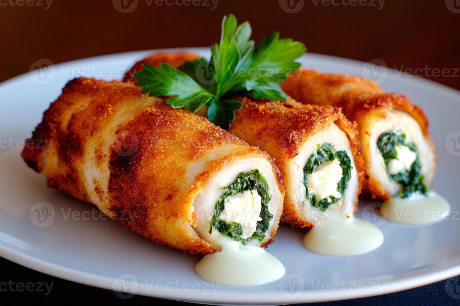 Chicken breasts rolls stuffed with spinach and feta cheese lying on white plate photo