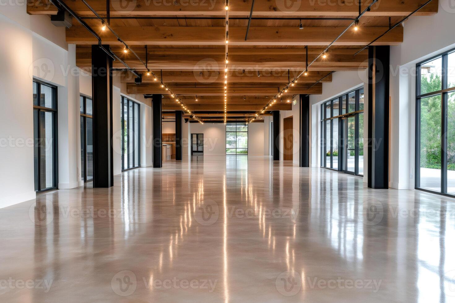 Large empty modern industrial open space with wooden ceiling and polished concrete floor photo