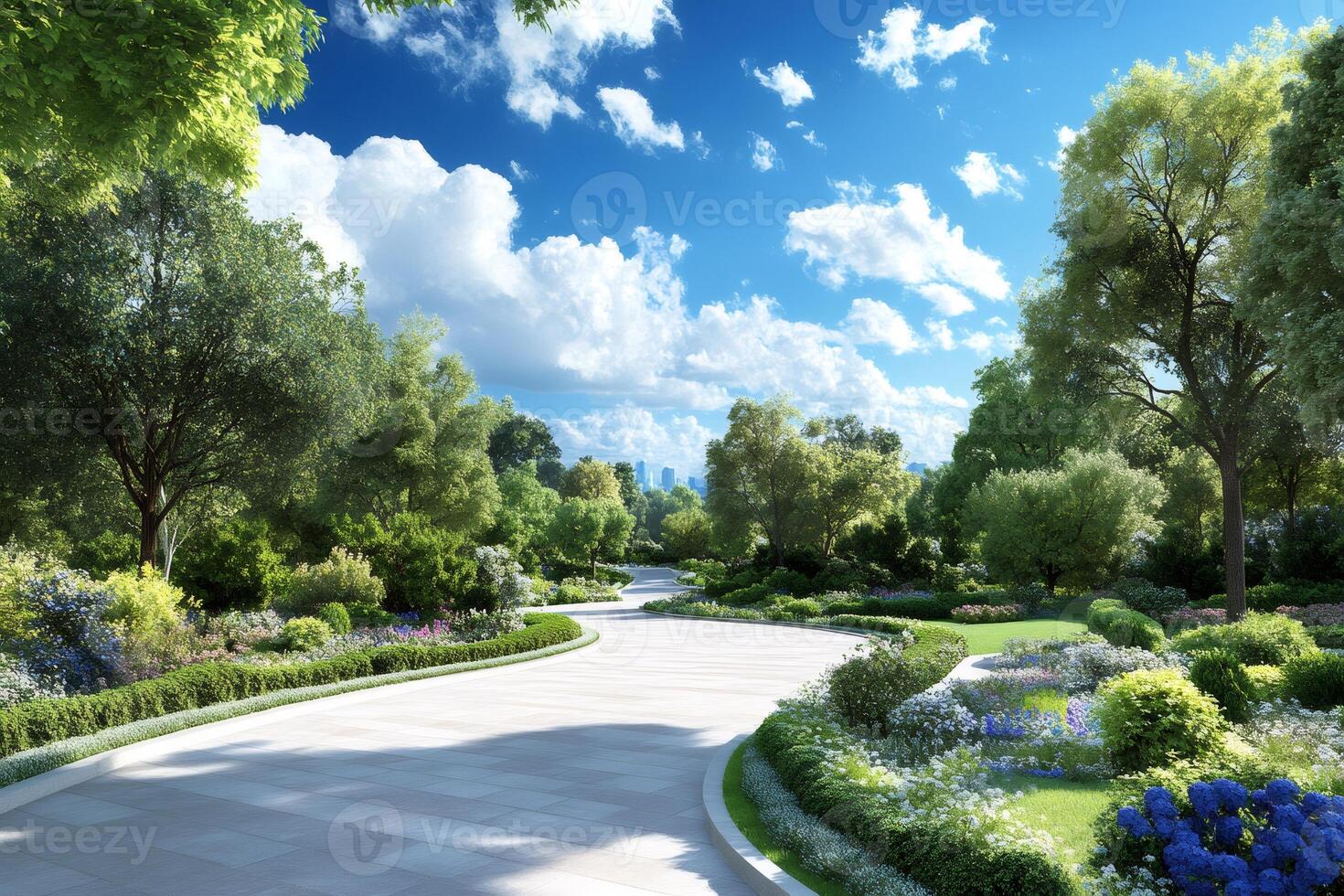 Winding path leading to a city skyline through a vibrant park photo