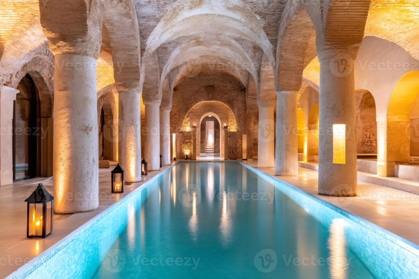 Tranquil indoor swimming pool illuminated with warm light in ancient building photo