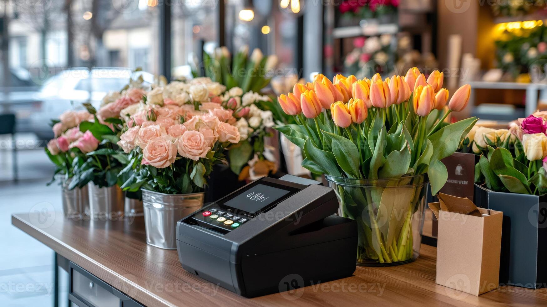 Cash register showing total price is waiting for florist to collect payment in flower shop photo