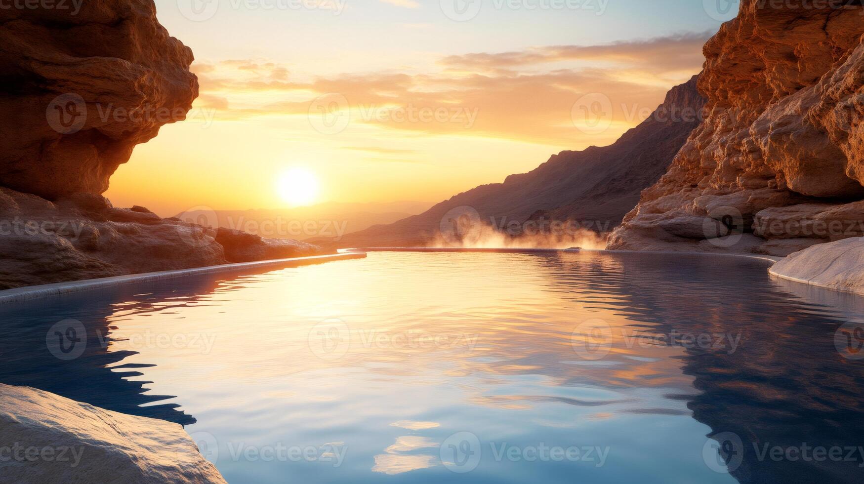 Infinity pool reflecting golden sunset light in the desert mountains photo