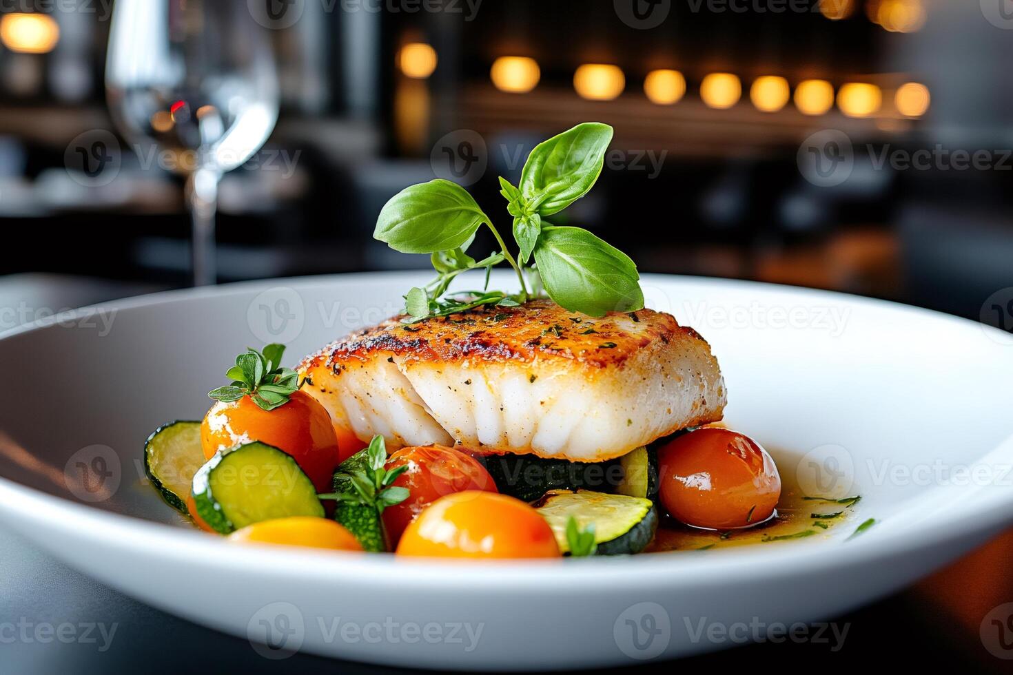Delicious grilled cod fillet resting on zucchini and cherry tomatoes, garnished with basil, in elegant restaurant setting photo