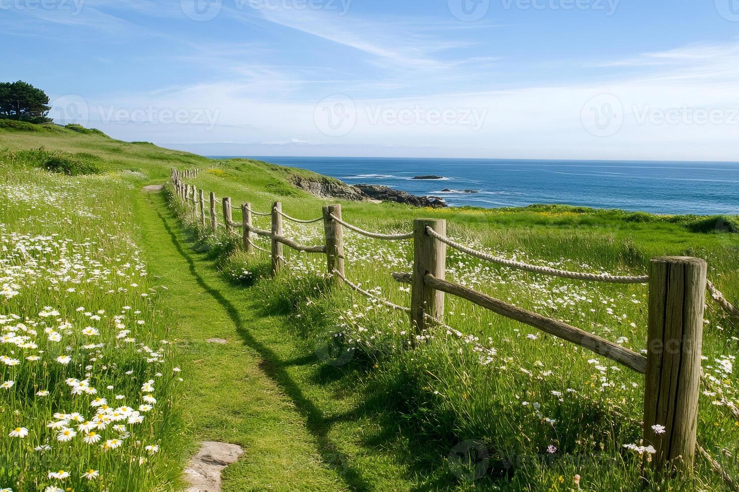 Hiking trail crosses field of daisies bordering the ocean on sunny day photo