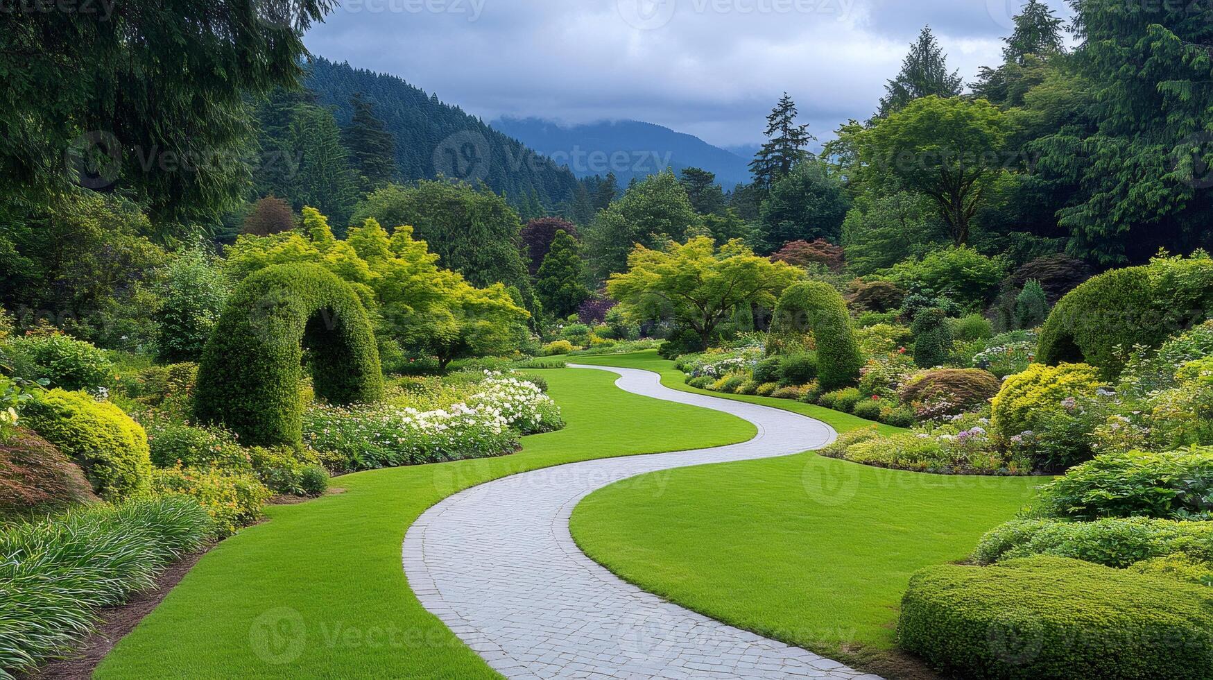 Winding path inviting visitors to explore lush green Butchart Gardens photo