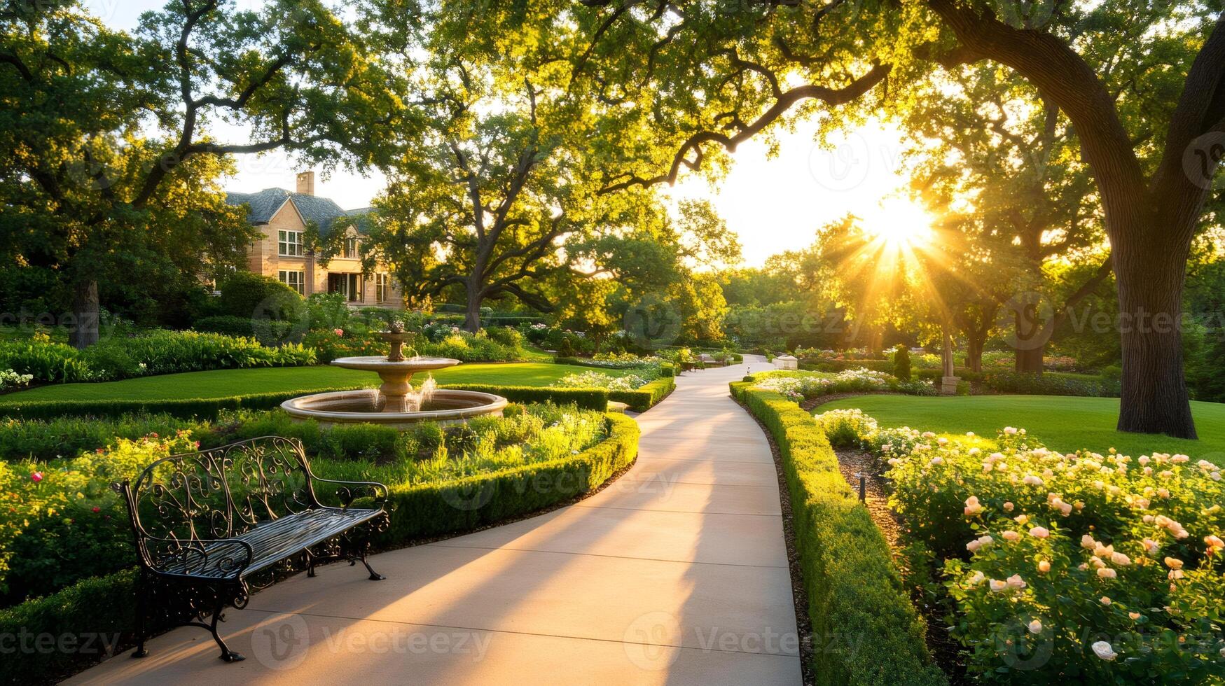 Sun shining through trees in a beautiful garden with a fountain photo