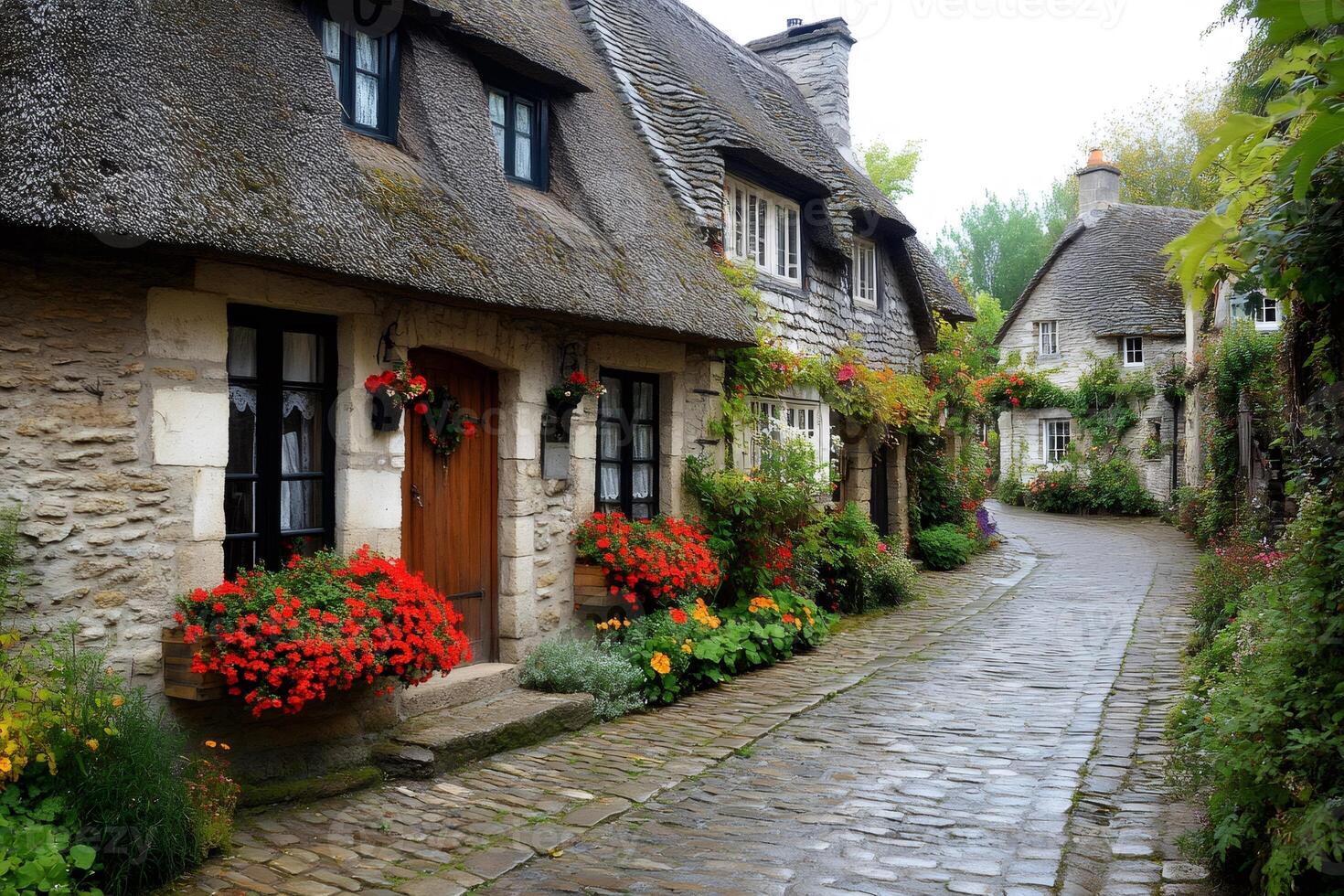 Charming cobblestone street winding through picturesque cottages with thatched roofs and flower boxes photo