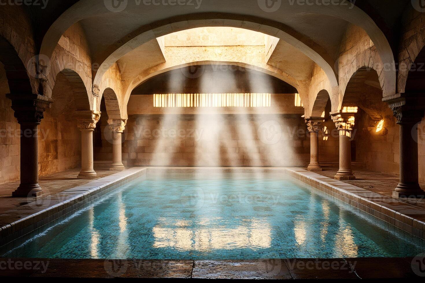Sunlight illuminating ancient thermal bath with columns and arches photo
