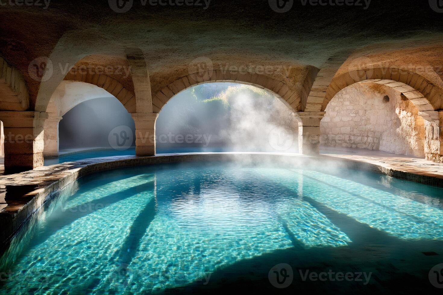 Thermal water flowing in ancient stone pool under arches creating a steamy atmosphere photo