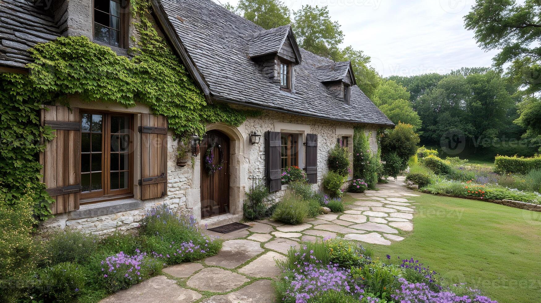 Charming french country house with climbing plants and idyllic garden photo