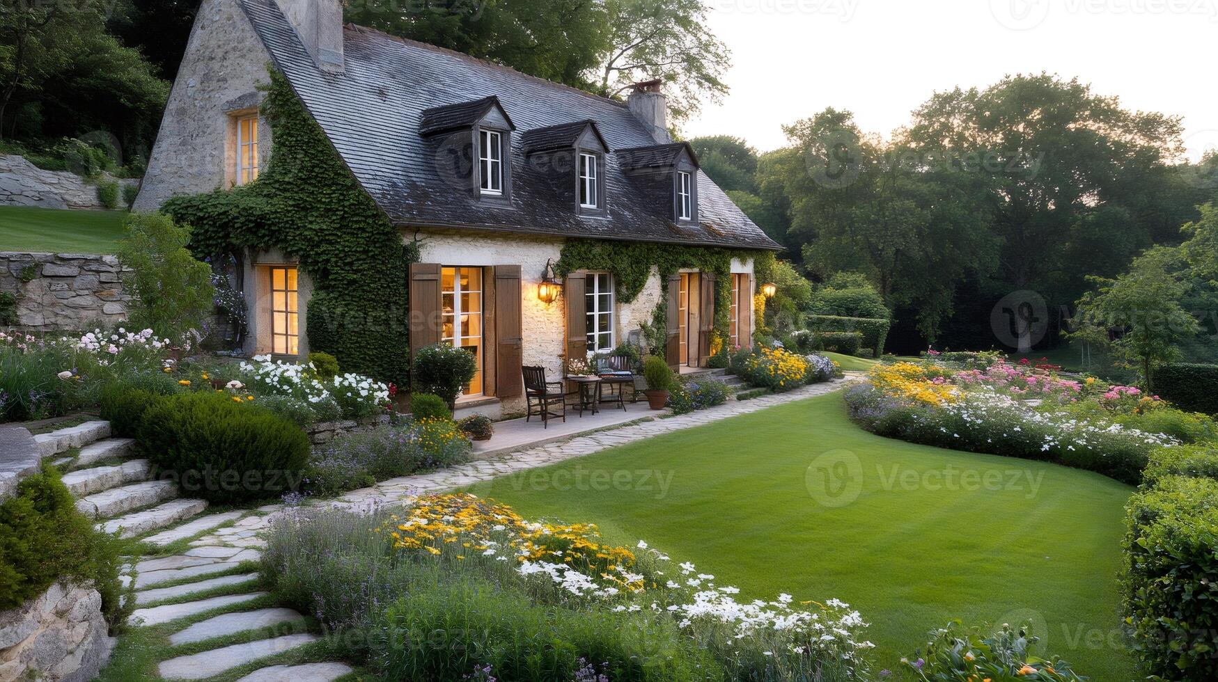 Charming french country house with beautiful garden at sunset photo