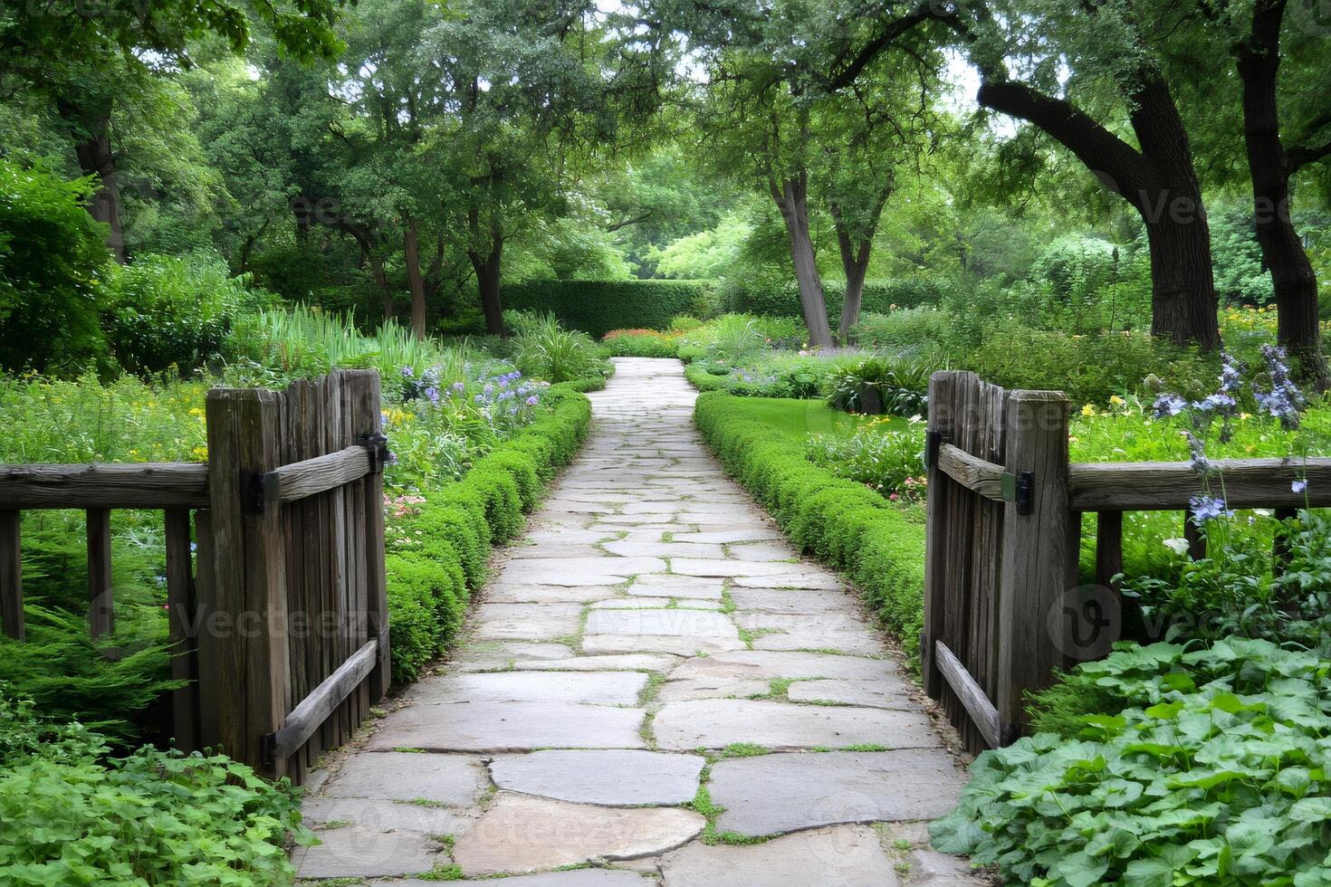 Stone paved path leading through open wooden gate in lush green manicured garden photo