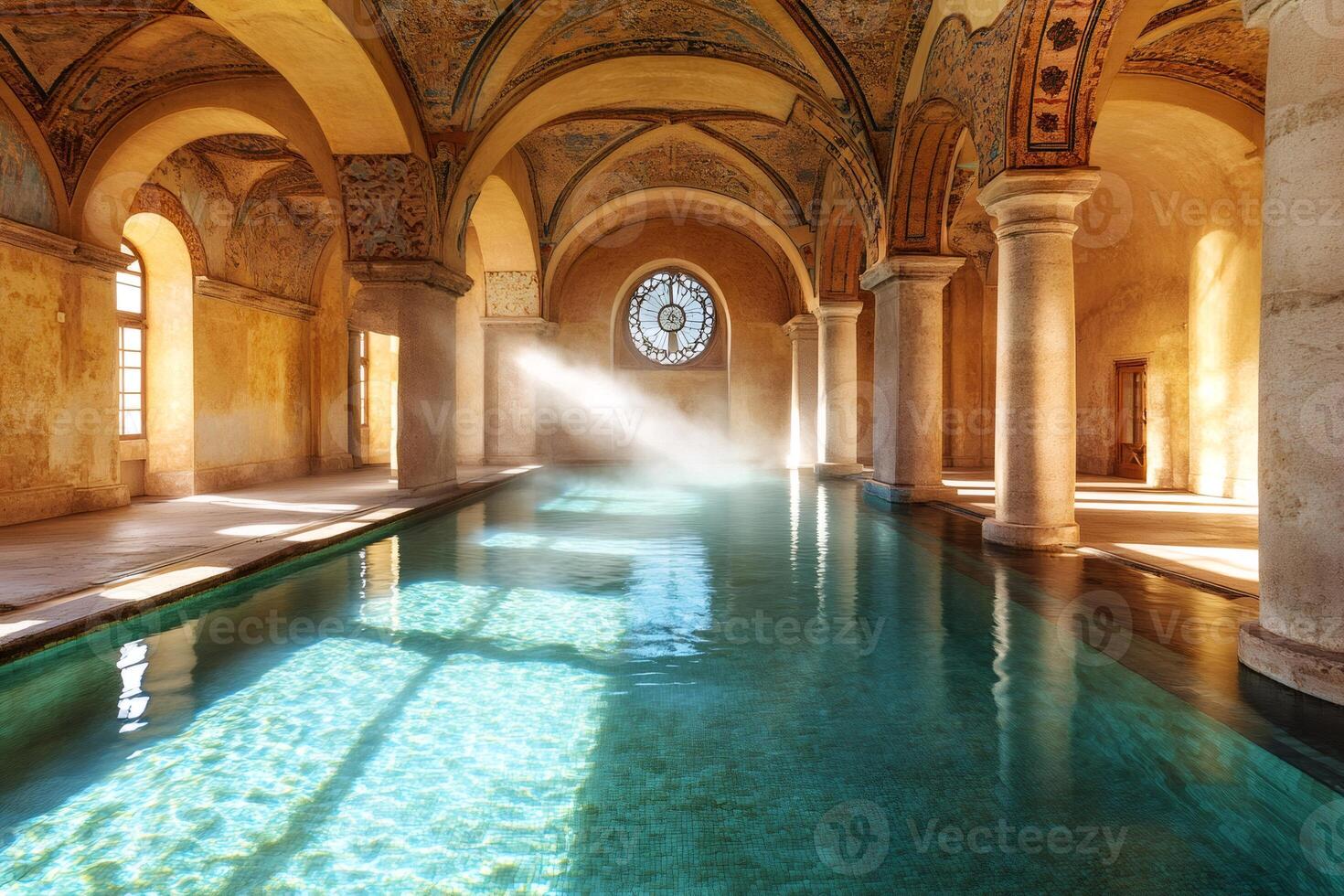 Sunlight illuminating empty thermal bath in ancient building photo