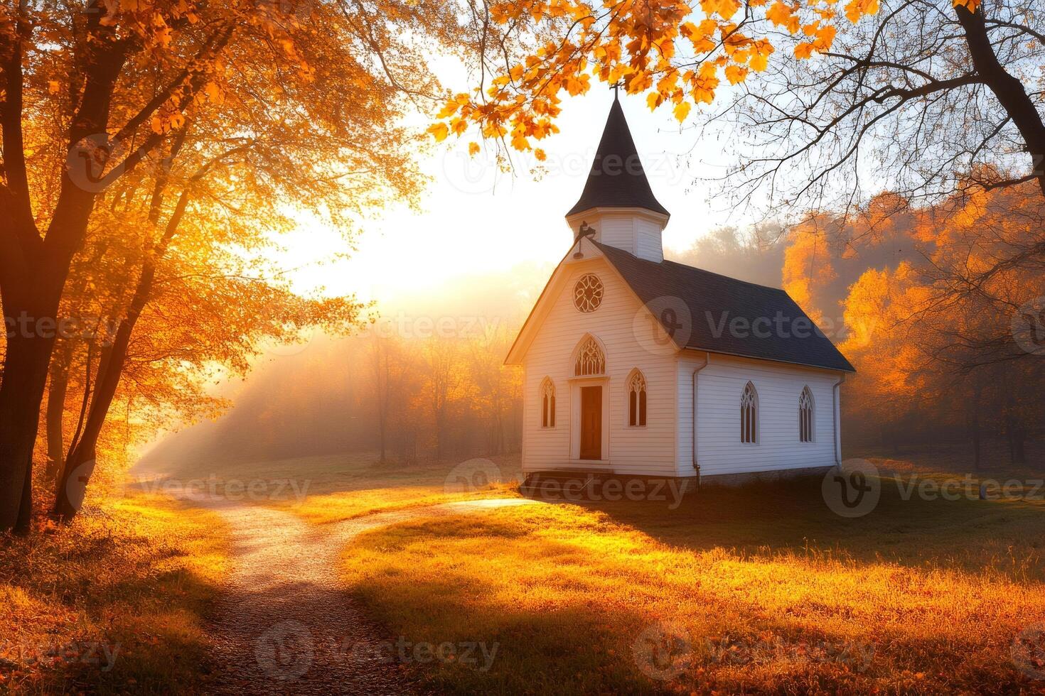 Golden autumn sunlight illuminating small church in the forest photo