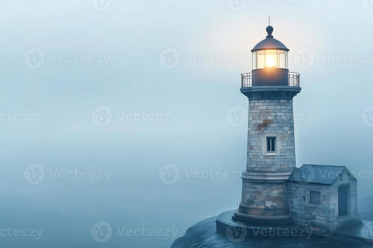 Lighthouse illuminating the foggy seascape at dawn photo