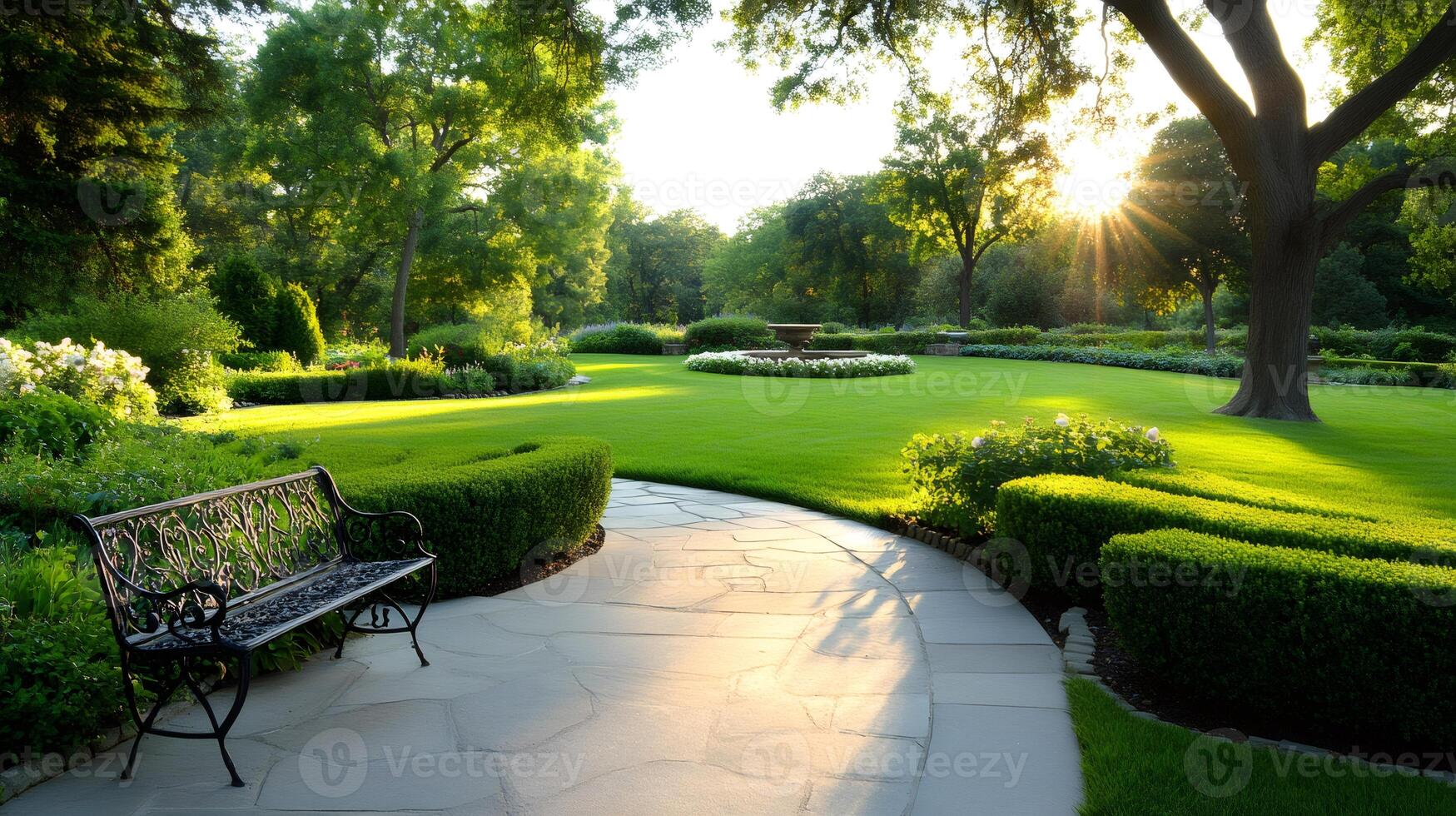 Sun shining over a beautiful green park with a bench, fountain and paved path photo