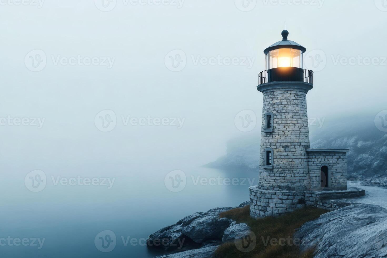 Lighthouse illuminating foggy seascape at dawn guiding ships safely to shore photo