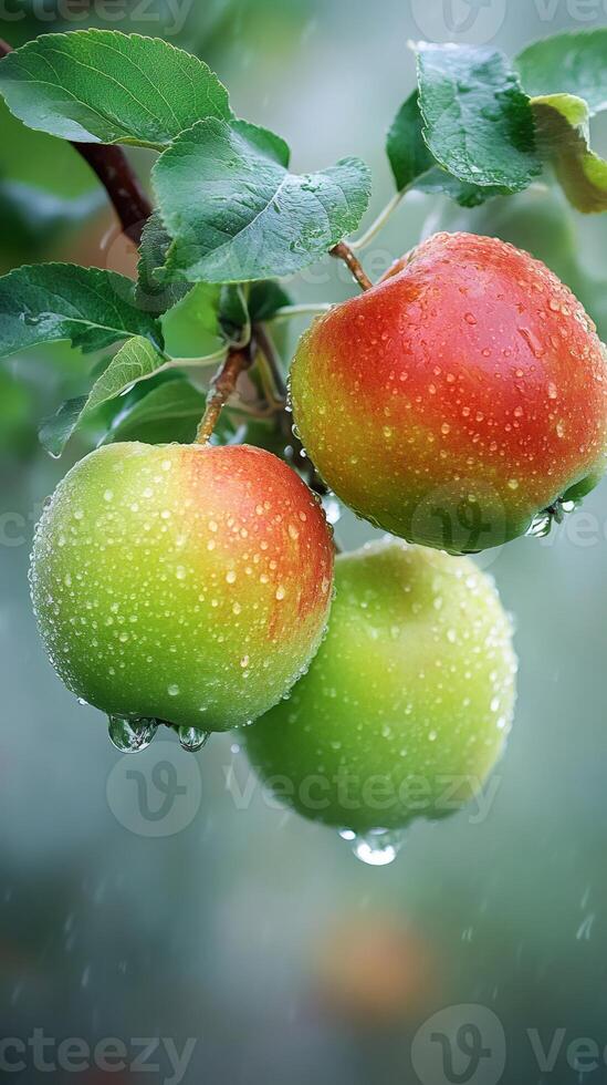 Ripe apples hanging on branch during summer rain photo