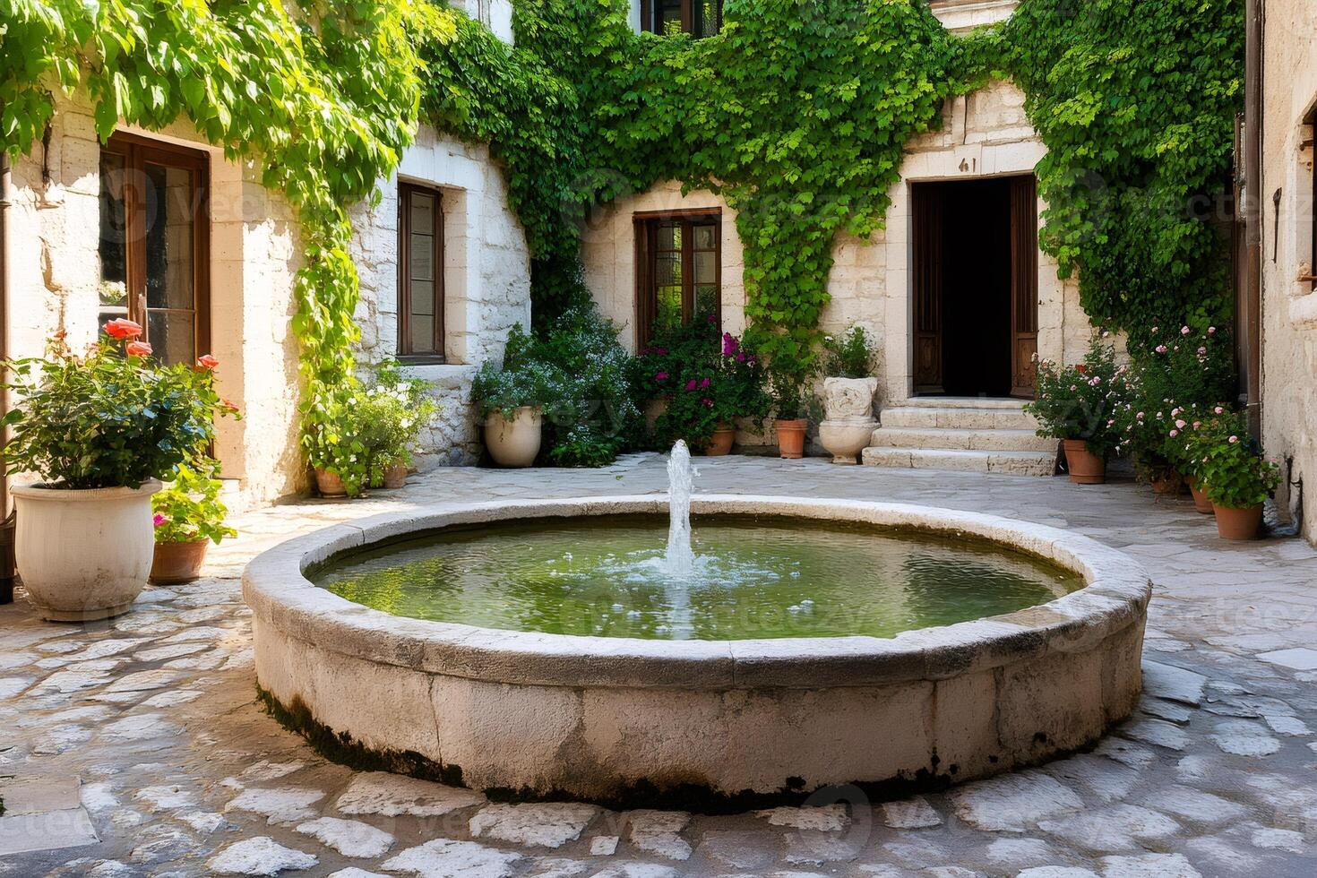 Charming courtyard with fountain surrounded by lush vegetation photo