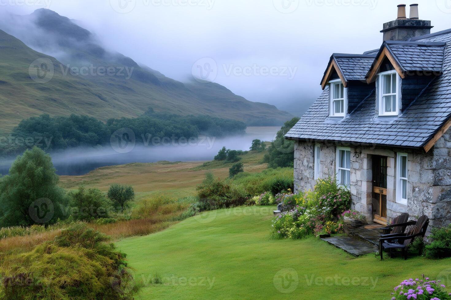 Stone cottage overlooking misty Loch Shiel in Scotland photo
