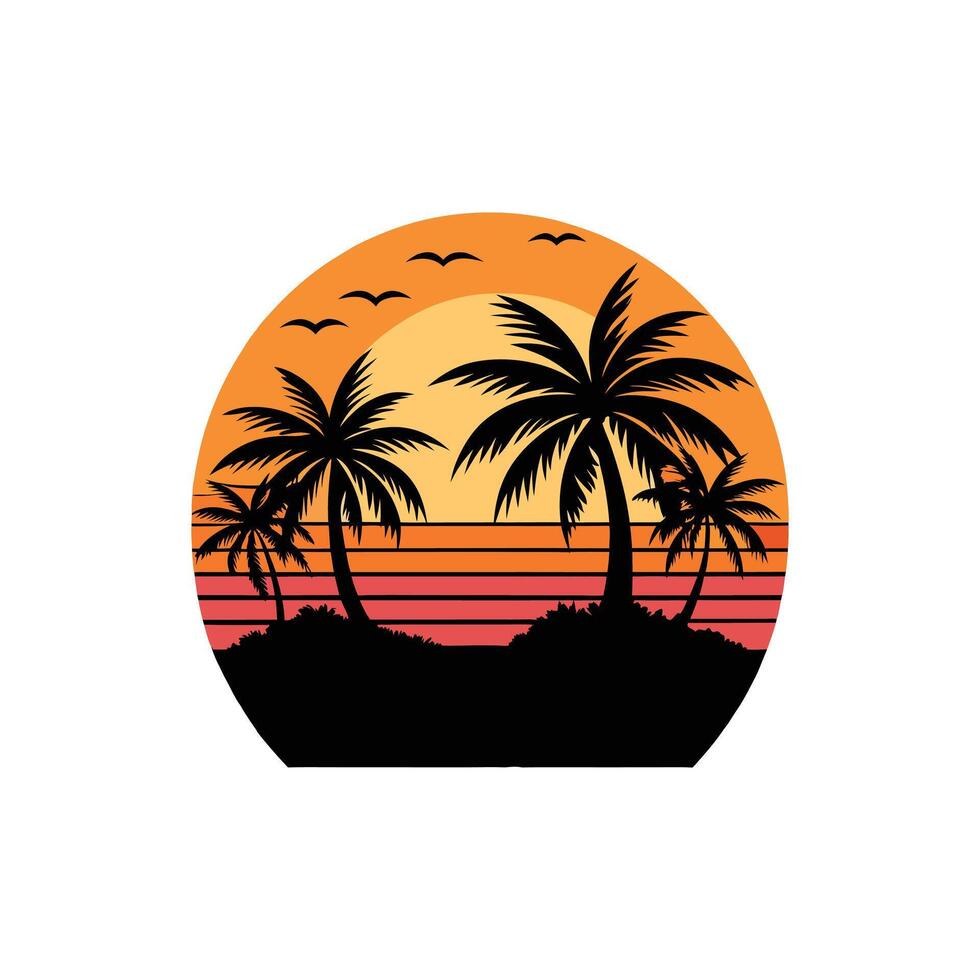 Tropical island beach with palm tree silhouette at sunsetTropical island beach with palm tree silhouette at sunset vector