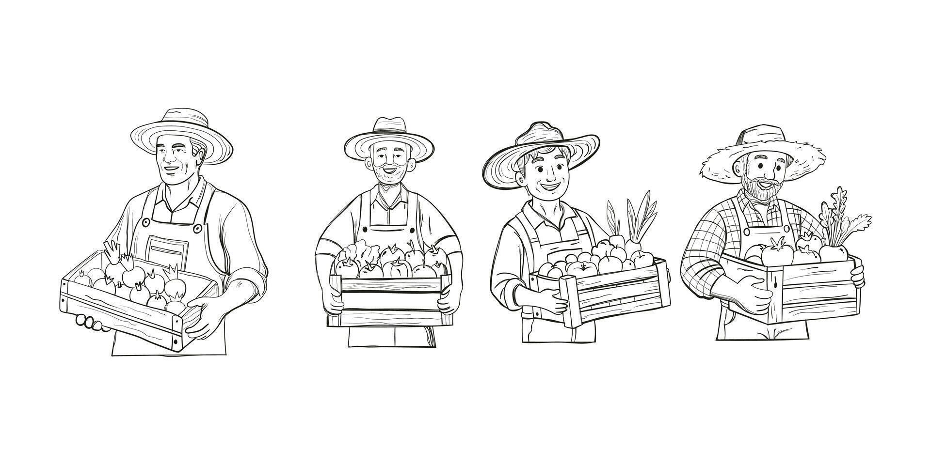 hand drawn collection of farmer carrying harvest illustrations vector