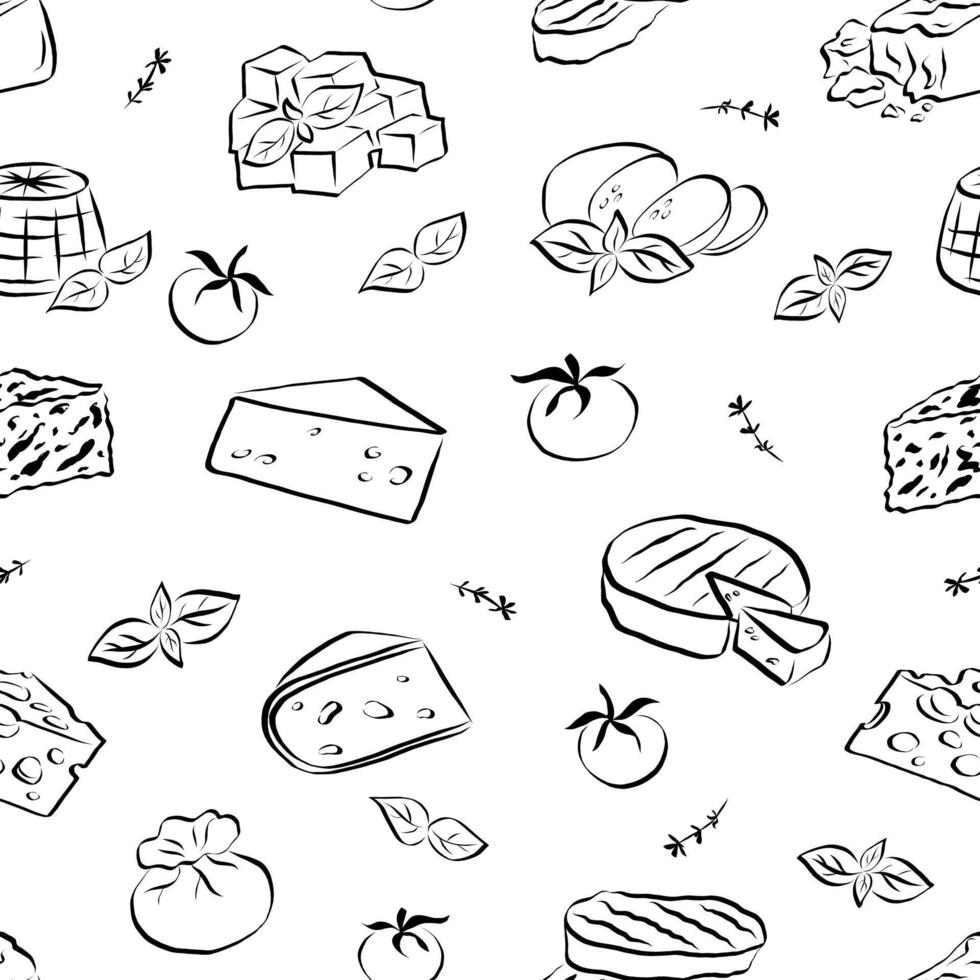 Seamless pattern with hand drawn different types of cheese and tomatoes, basil, thyme. Background for print, menu, restaurant, packaging. vector