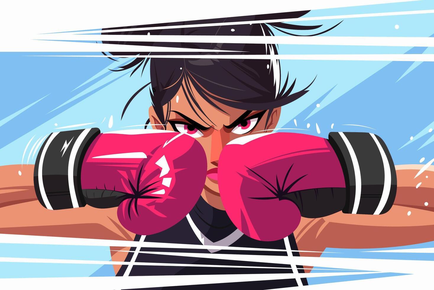 Dynamic illustration of a female boxer ready to fight, showcasing strength and determination. Perfect for sports, fitness, and empowerment themes. Ideal for promotional materials and articles. vector