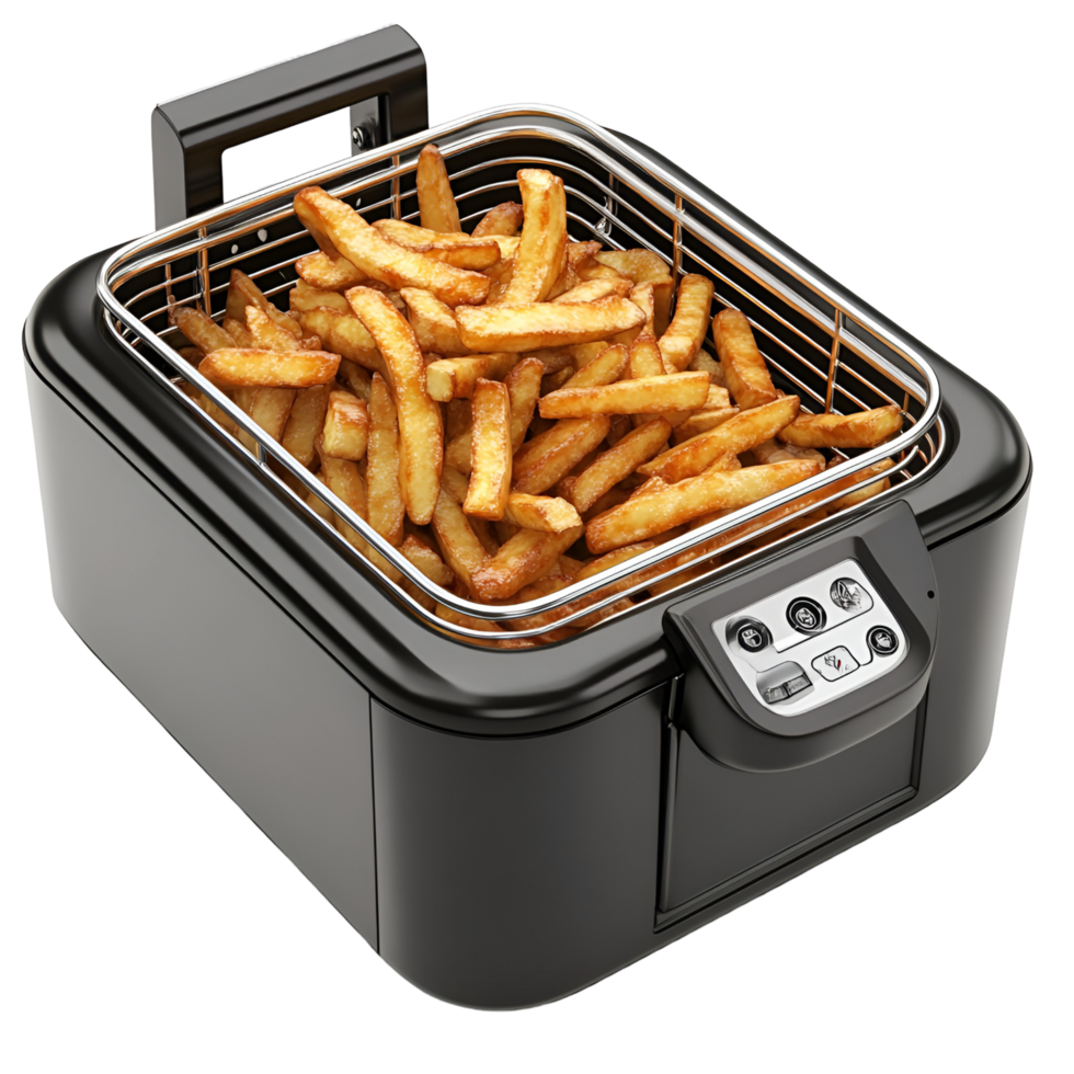 A black air fryer with fries in it png