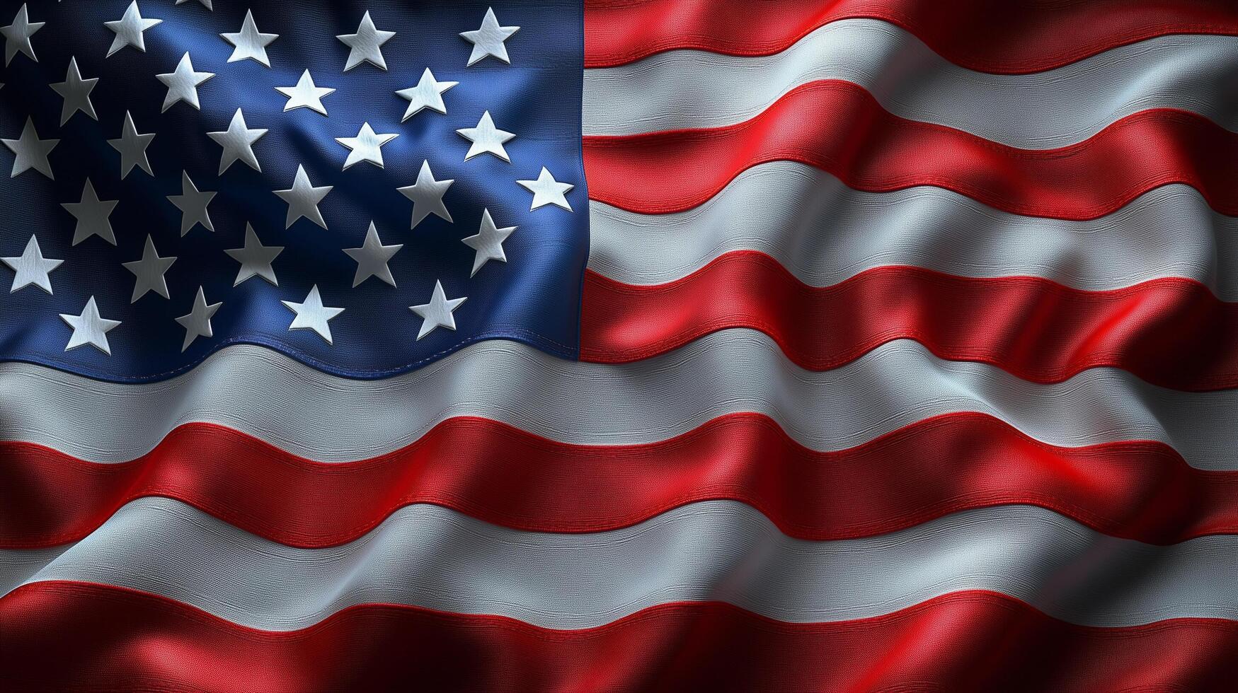 Waving Fabric Flag US with Stars and Stripes in Red White Blue photo