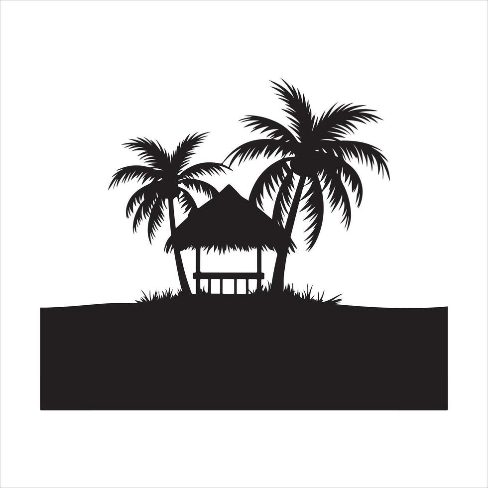A monochrome image of a small beach cabin with palm trees silhouette vector