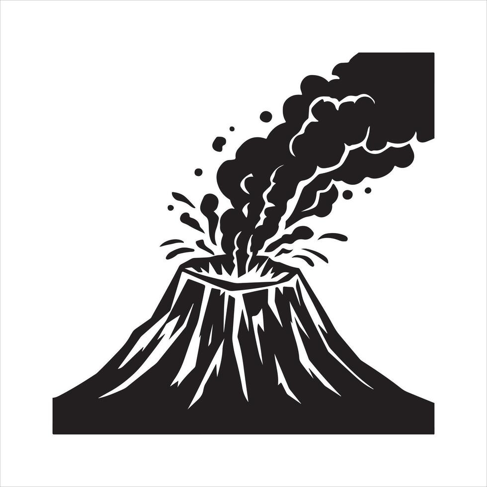 an erupting volcano with smoke billowing out from the crater silhouette on white background vector