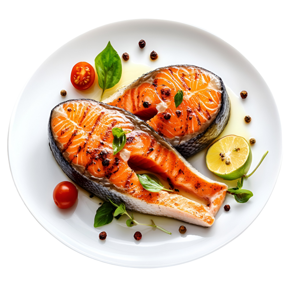 Two pieces of salmon are on a plate with herbs png