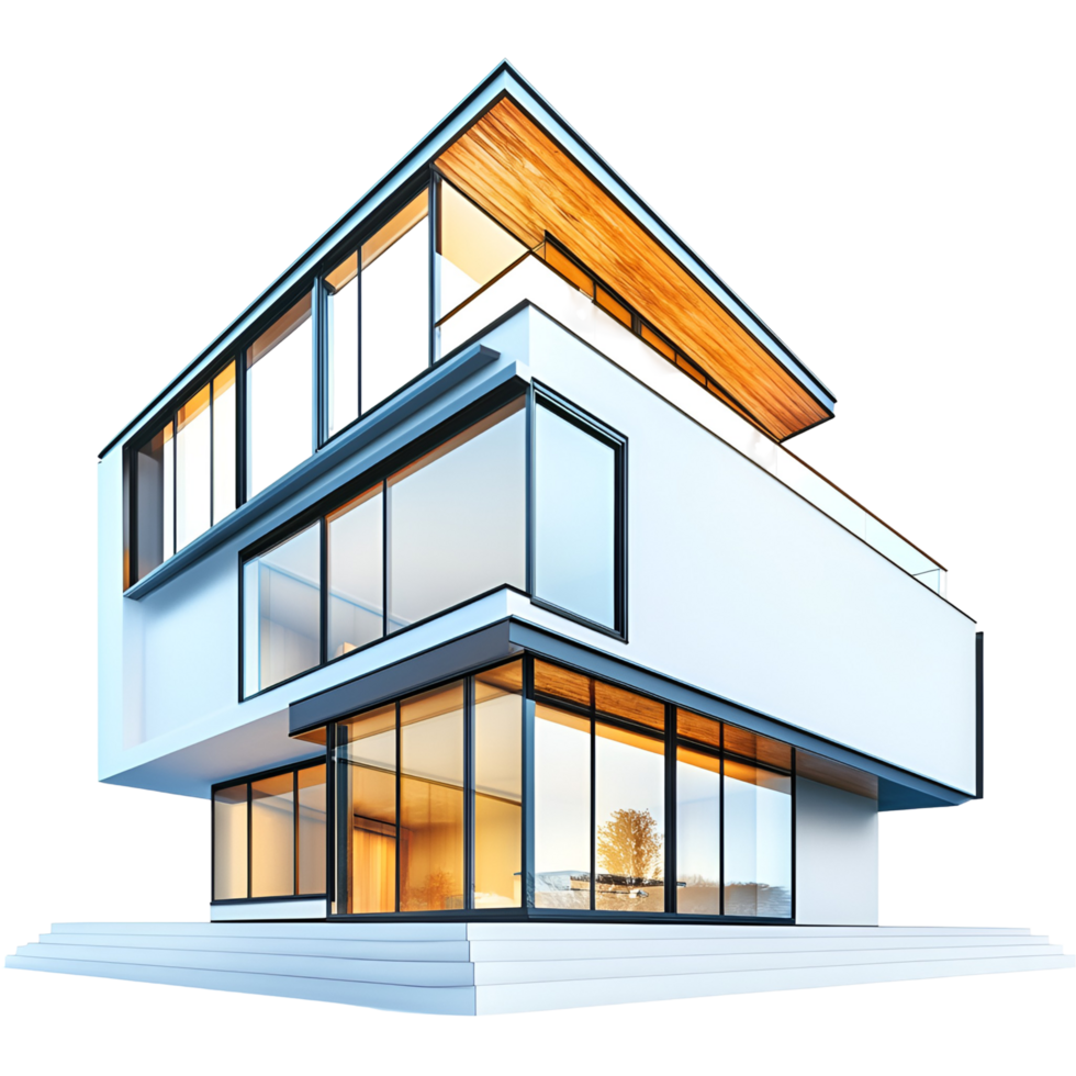 A modern house with glass windows and a balcony png
