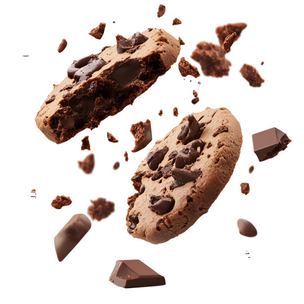 Two chocolate chip cookies are falling to the ground png