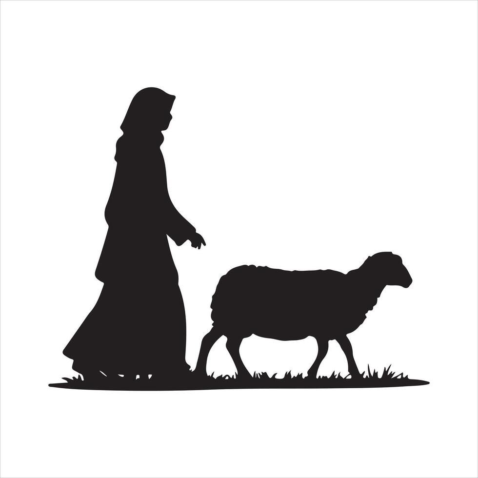 muslim man walks leading a tied sheep silhouette vector